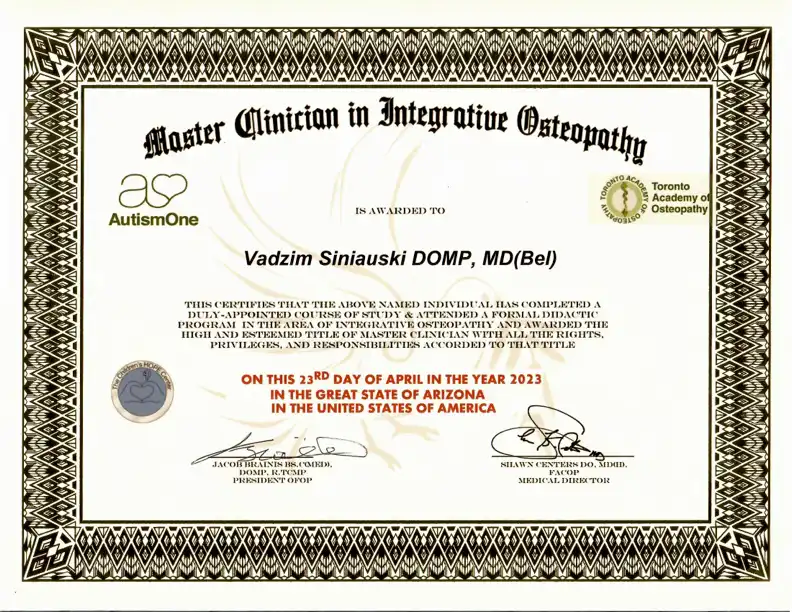 Master Clinician in Integrative osteopathy certificate, Arizona USA, 2023